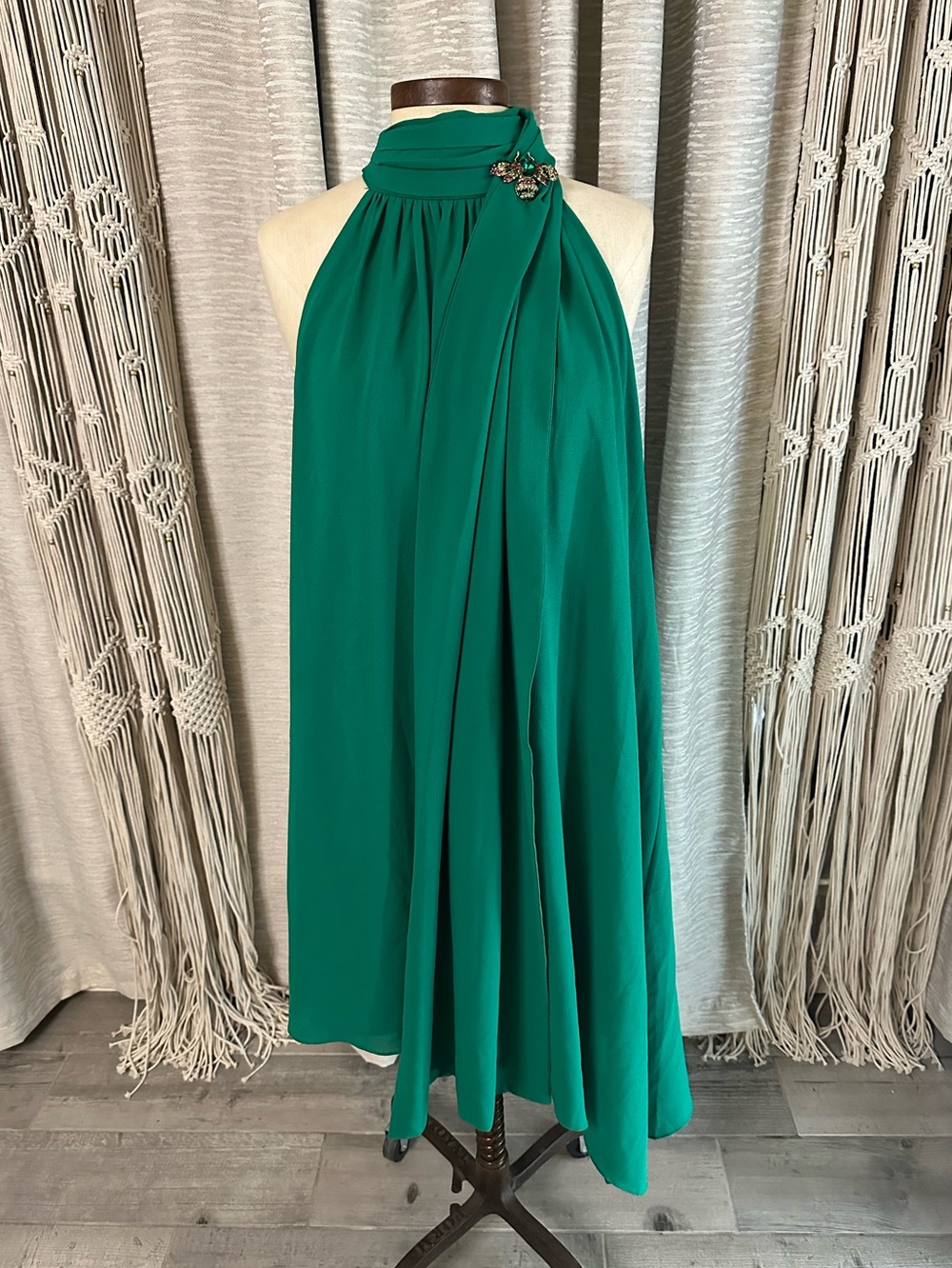 Belle Badgley Mischka Green Grecian Halter Dress Size 14 Draped